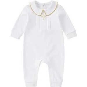 White Organic Cotton Baptism Christening Romper Cross Gold Trim 18M